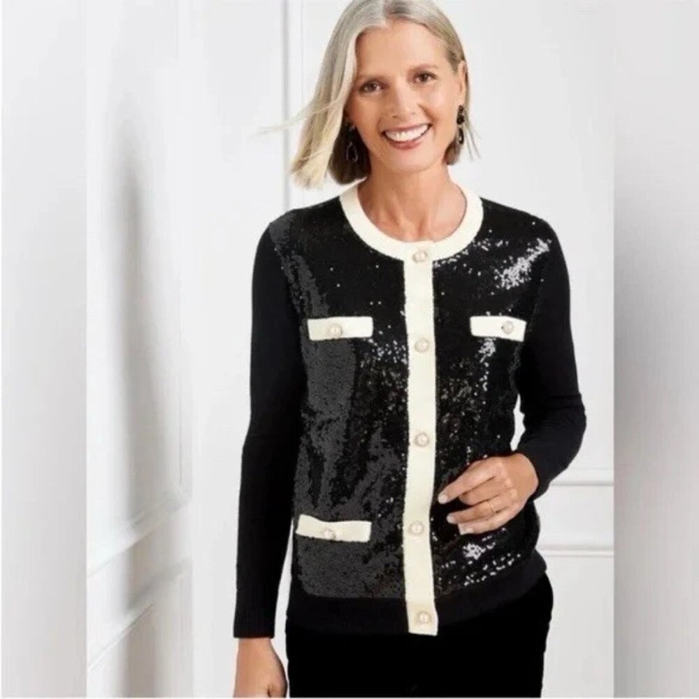 NWT BCBG Women's  Medium Black Sequin Cardigan Sweater Jacket Cream Trim Gold Bt
